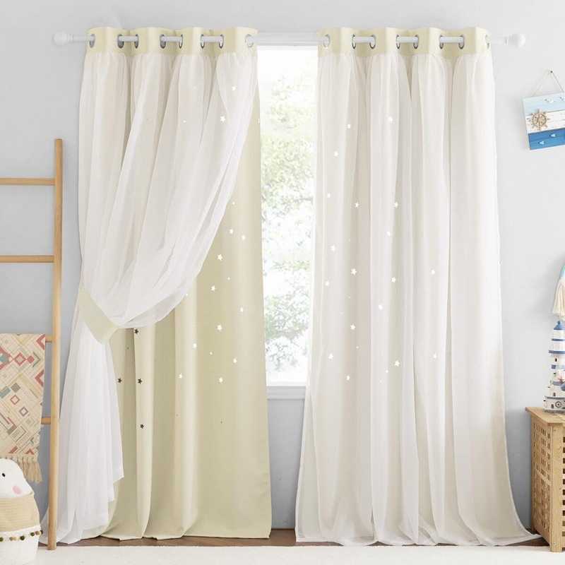 Blackout Curtain Panels for Bedroom, Double Layer Star Hollow-Out Kid Window Curtains - W52 x L84