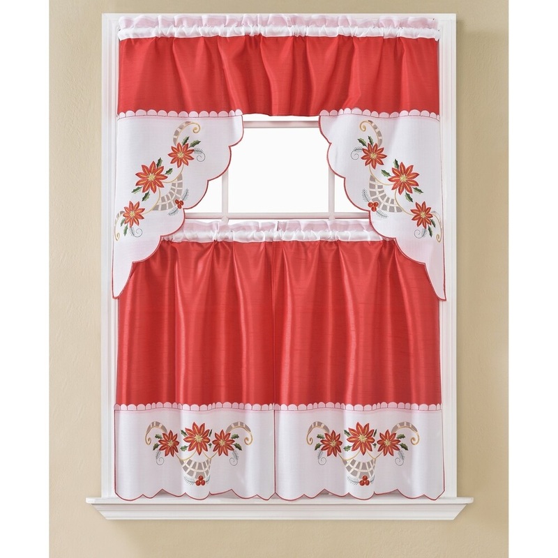 Christmas Poinsettia Embroidered Tier and Swag Kitchen Curtain Set - 60 x 36 in. - 60 x 36 in.