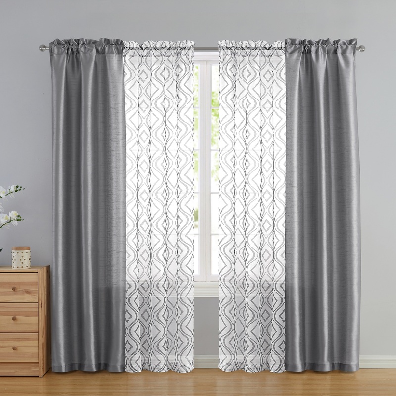 VCNY Home Morgan 4-Piece Grey Geometric Sheer Rod Pocket Curtain Panel Set, 28" x 84" - 28" x 84"