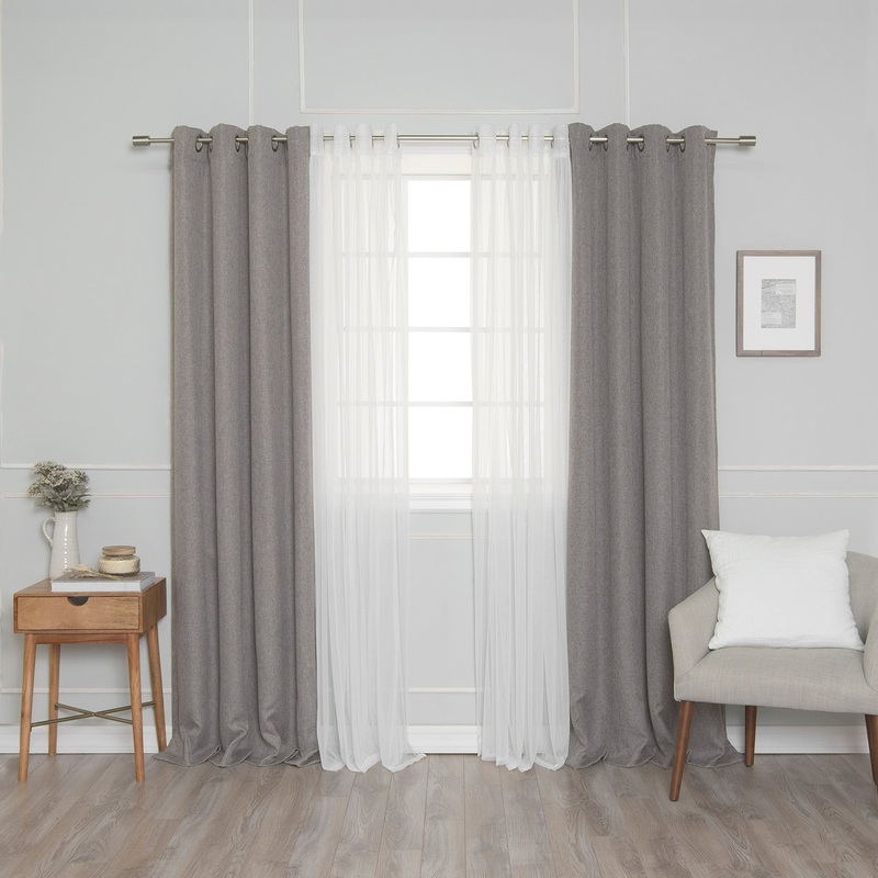 Aurora Home Tulle & Faux Linen Grommet Room darkening Curtains 4 Panel