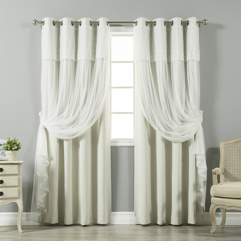 Aurora Home Tulle Sheer with Attached Valance and Solid Blackout 4 piece Curtain Panel Set