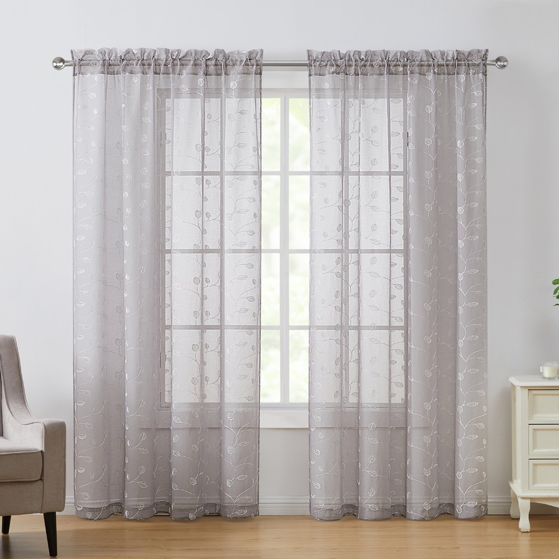 VCNY Home Eva Leaf Metallic Embroidered Sheer Curtain Panel Pair