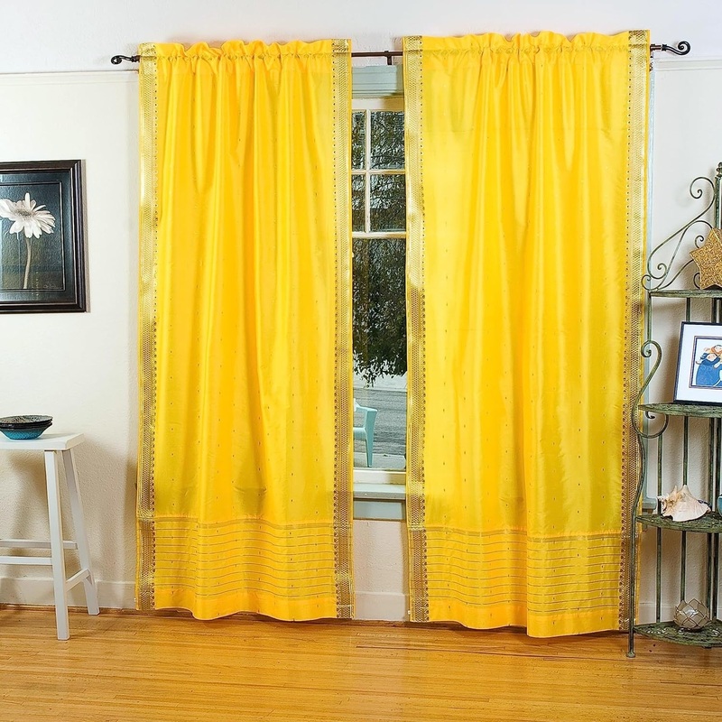 Yellow Rod Pocket Sheer Sari Curtain / Drape / Panel - Pair