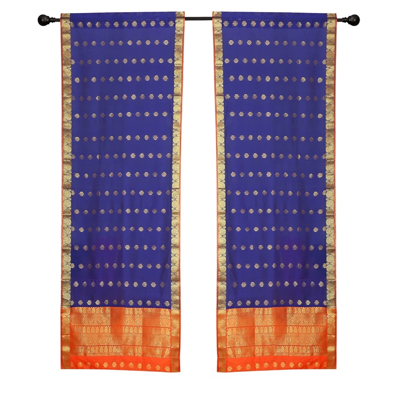 2 Blue Bohemian Indian Sari Curtains Rod Pocket Living Room Window Treatment