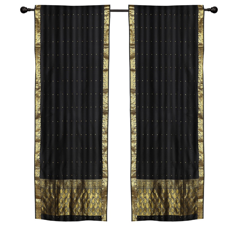 2 Boho Black Indian Sari Curtains Rod Pocket Window Panels Drapes