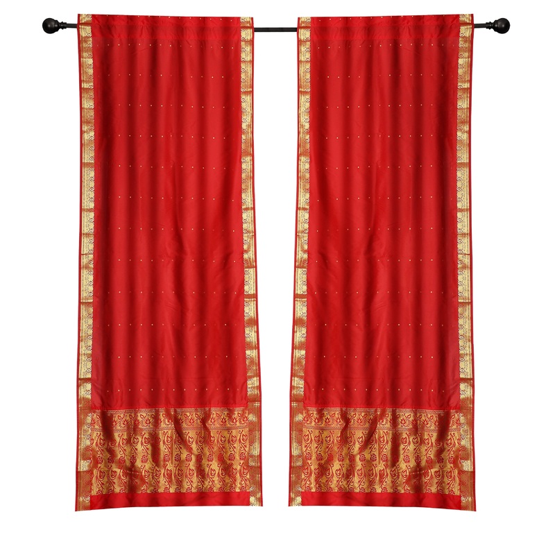 2 Boho Red Indian Sari Curtains Rod Pocket Window Panels Drapes