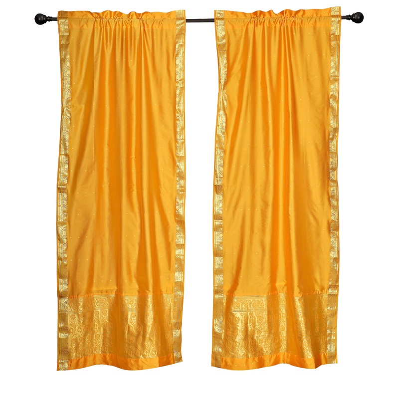 2 Boho Yellow Indian Sari Curtains Rod Pocket Window Panels Drapes