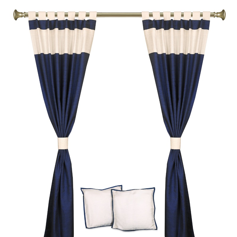 6 Pcs Set Blue Cream Raw Silk Curtain ,Cushion Cover, Tieback - 43"W X 84"L(Inches)