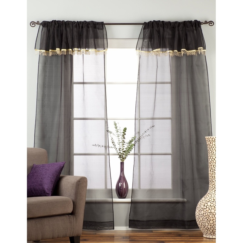 Black Rod Pocket w/ attached Beaded Valance Sheer Tissue Curtains - Piece