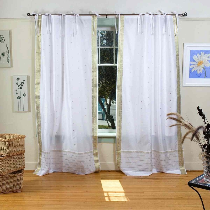White with Gold Tie Top Sheer Sari Curtain / Drape / Panel - Pair