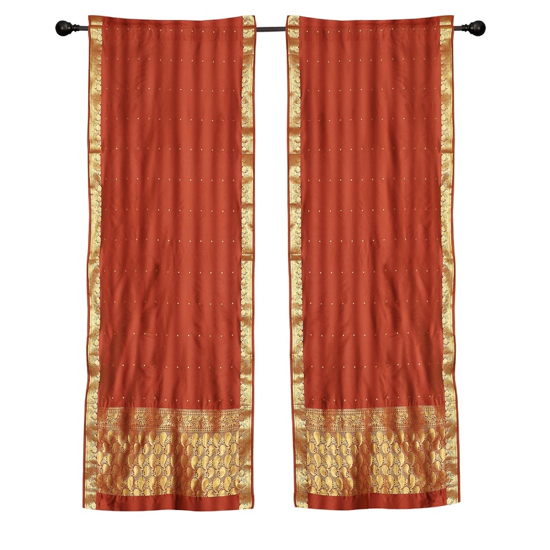 2 Boho Rust Indian Sari Curtains Rod Pocket Window Panels Drapes