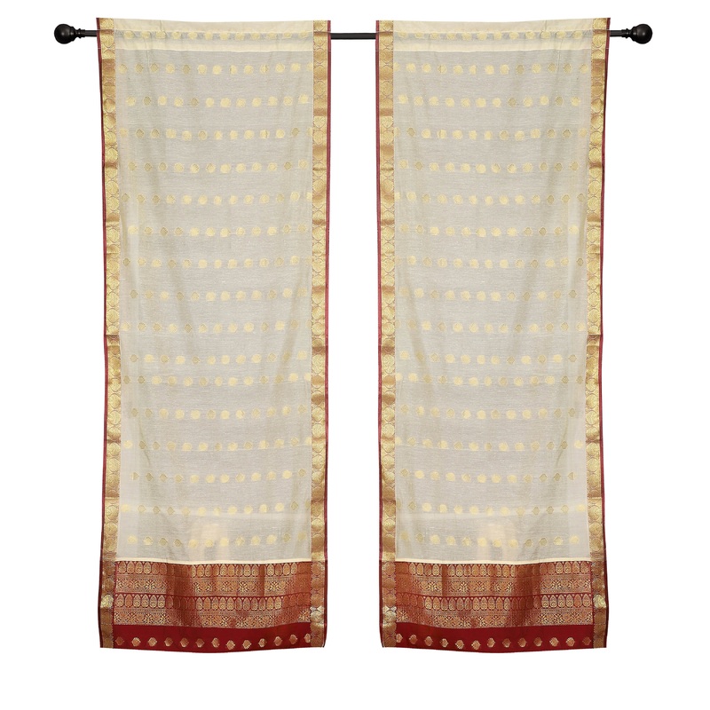 2 Cream Bohemian Indian Sari Curtains Rod Pocket Living Room Window Treatment