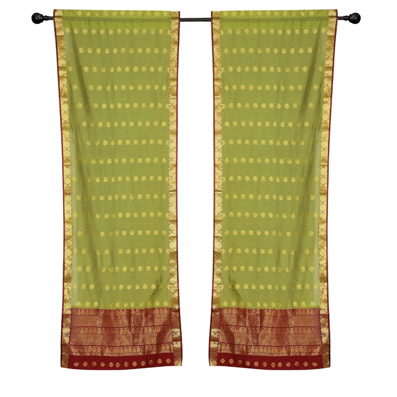 2 Green Bohemian Indian Sari Curtains Rod Pocket Living Room Window Treatment