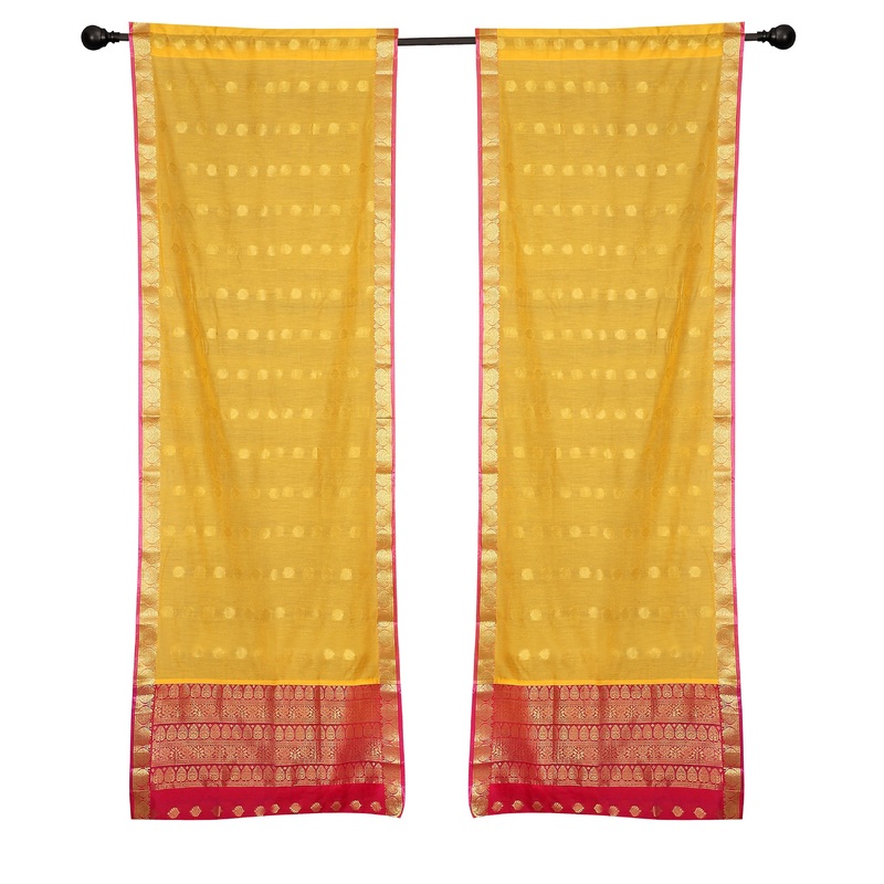 2 Yellow Bohemian Indian Sari Curtains Rod Pocket Living Room Window Treatment