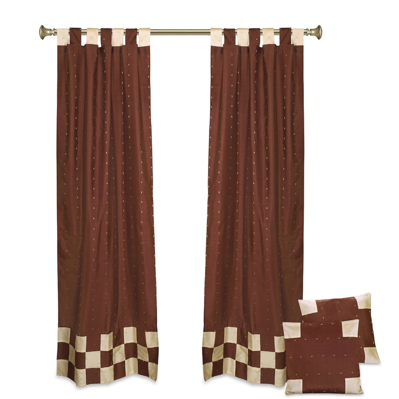 4 Pc Set Indian Sari Curtains & Cushion Covers Boho Tab Top Living Room Bedroom