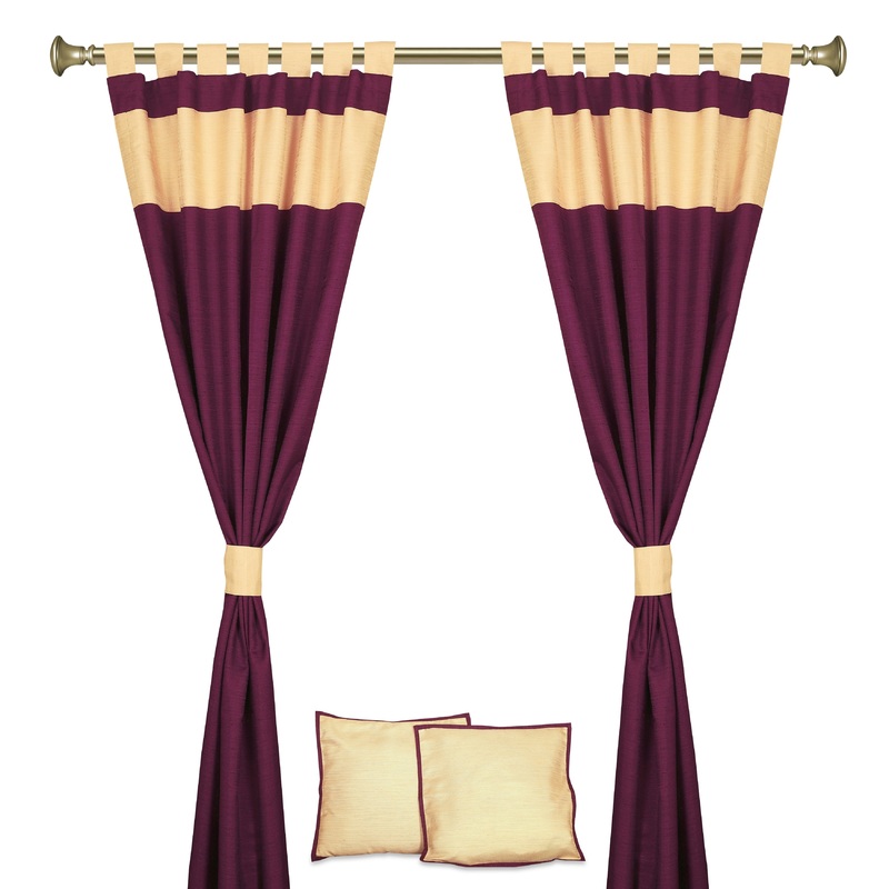 6 Pcs Set Maroon Gold Raw Silk Curtain ,Cushion Cover, Tieback - 43"W X 84"L(Inches)