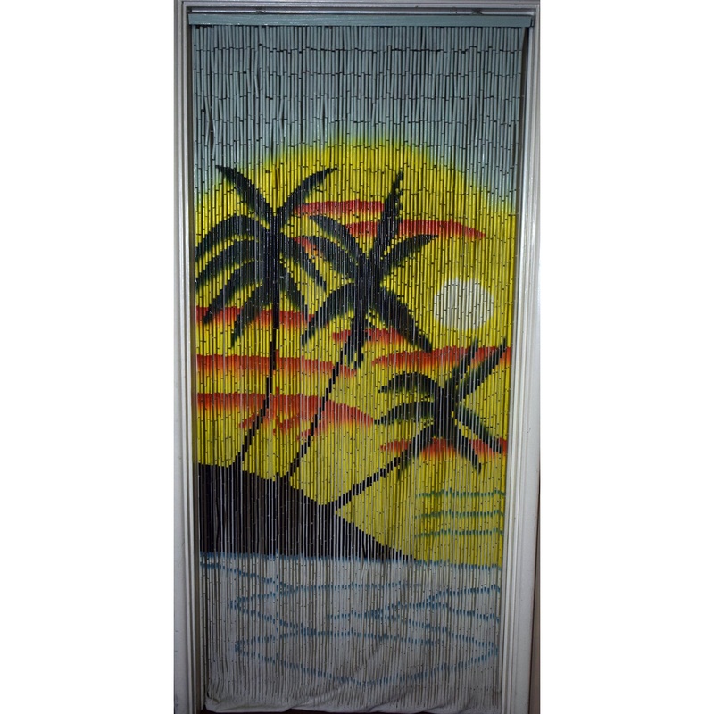 Bamboo beaded curtain palm tree beach scene room partition - 36 x 80
