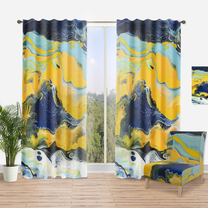 Designart 'Abstract Marble Composition In Yellow and Blue I' Modern Curtain Single Panel