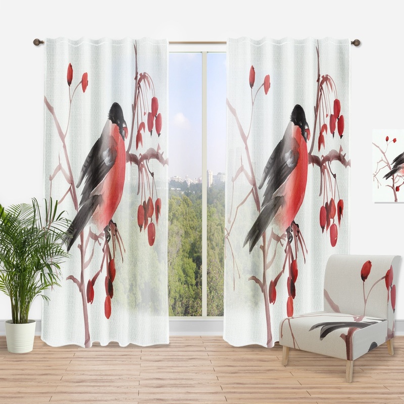 Designart 'Bullfinch Bird On A Branch' Traditional Curtain Single Panel