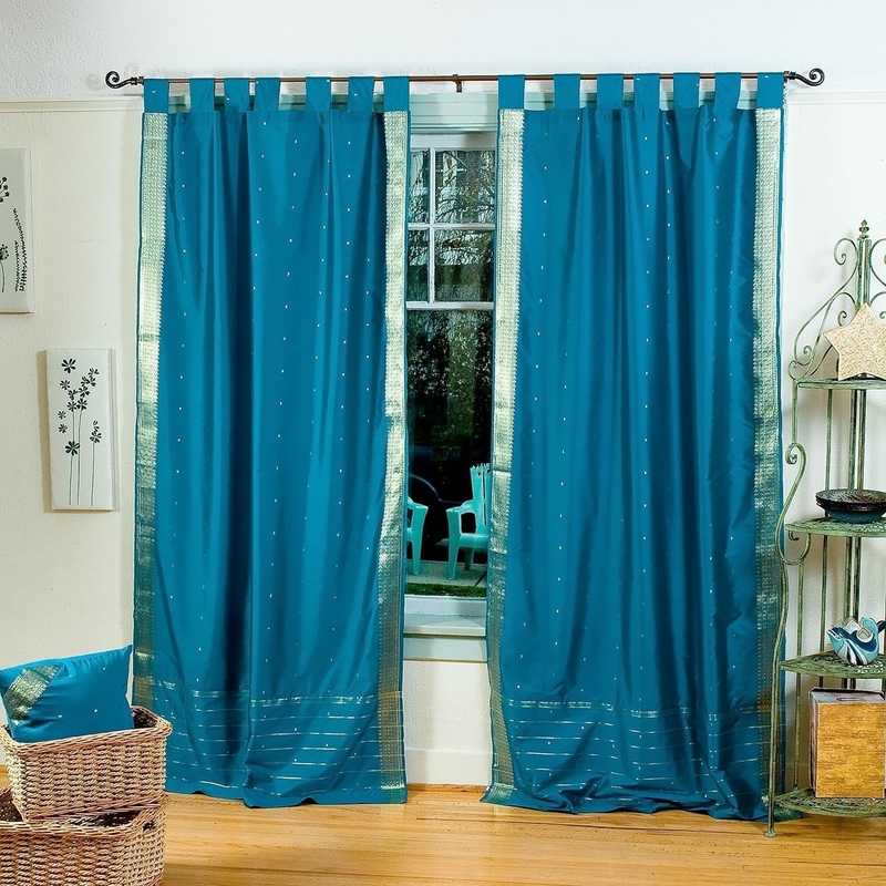 Turquoise Tab Top Sheer Sari Curtain / Drape / Panel - Piece