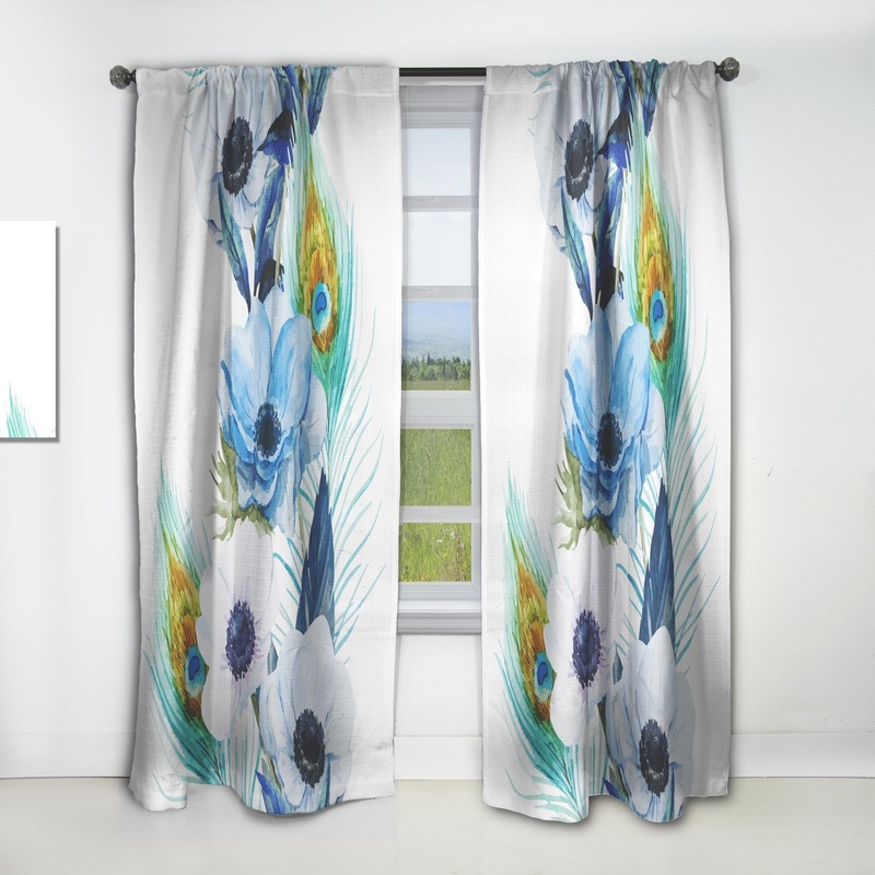 Designart 'Anemones And Peacock Feathers' Floral Curtain Single Panel