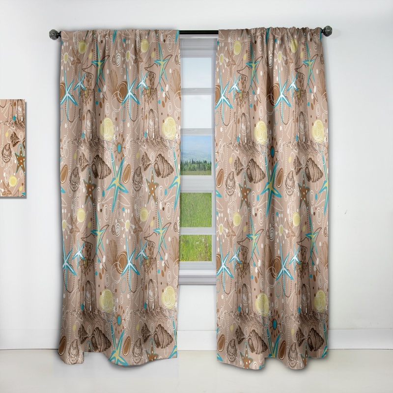 Designart 'Beach life atmosphere with shells and sea stars' Coastal Blackout Curtain Single Panel