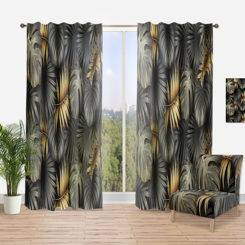 Designart 'Black and Gold Tropical Leaves II' Modern Curtain Single Panel