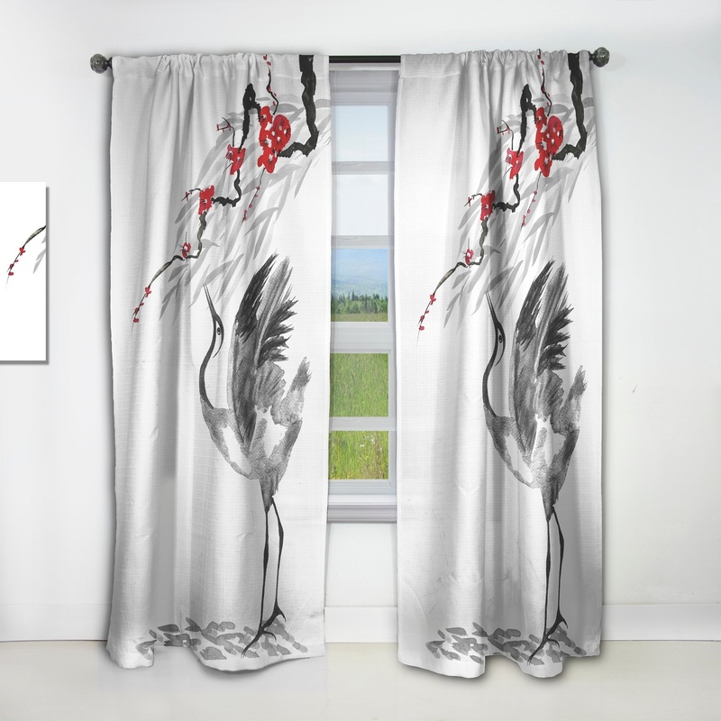 Designart 'Japanese Cranes Bird Drawing With Red Flowers' Traditional Curtain Single Panel