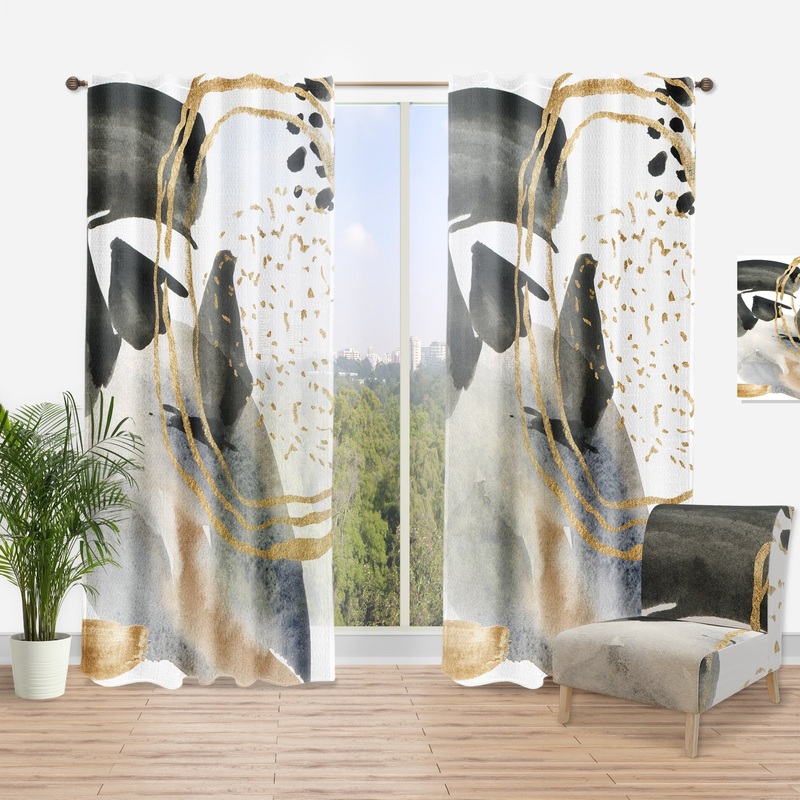 Designart 'Pastel Abstract With Blue Black Beige & Gold Spots' Modern Curtain Single Panel