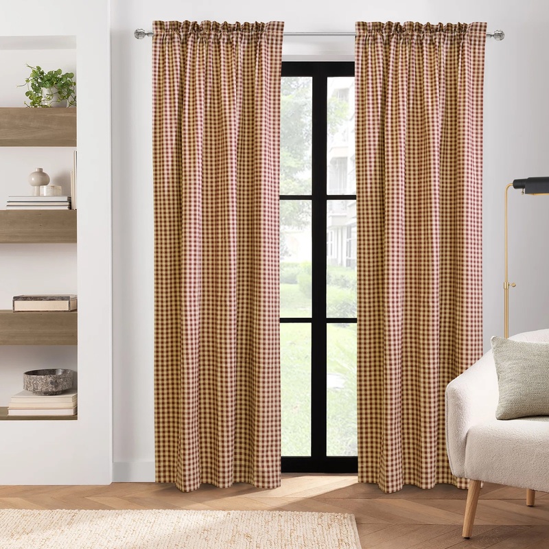 Checkmate Patterned Cotton Duck Insulated Curtain Panel Pair and Valance