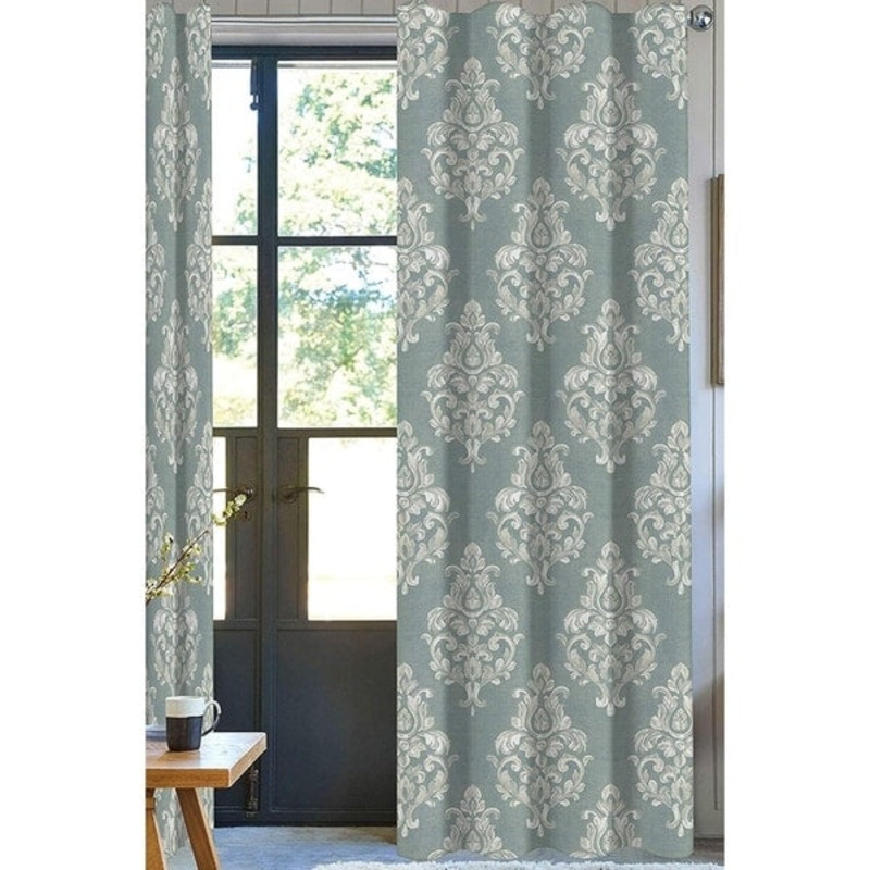 Damask Green/ White Designer Organic Cotton Set of 2 Drapery Panel