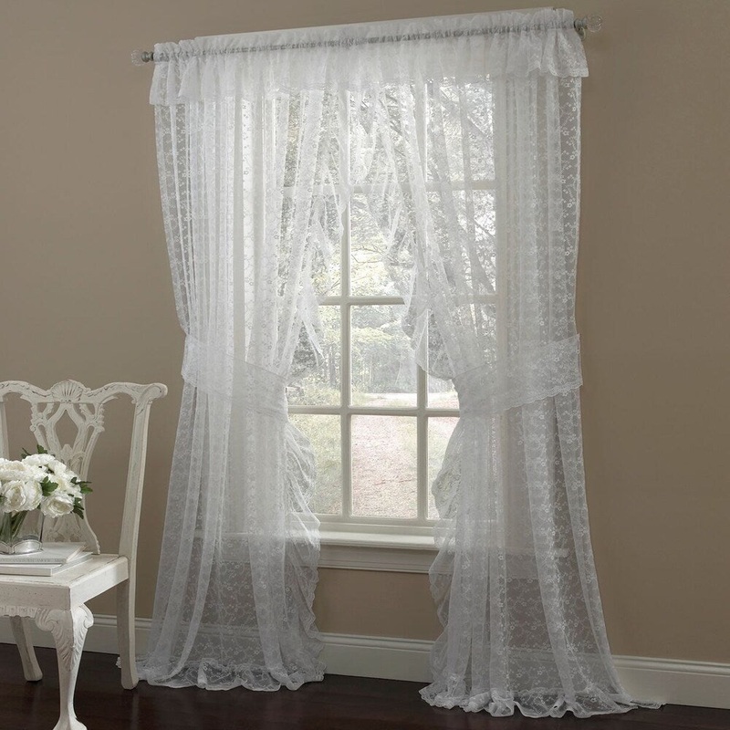 Ruffled Bridal Lace Curtain Panel Pair with Scrolling Flower Pattern