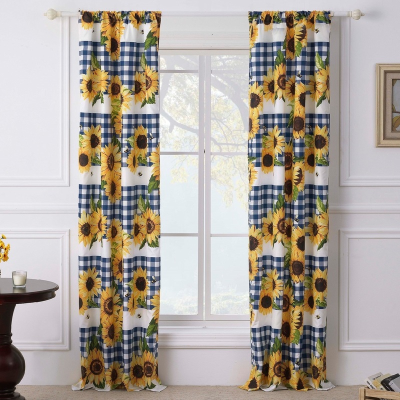 Barefoot Bungalow Sunflower Gingham Check Curtain Panel (set of 2) - 84 inches L