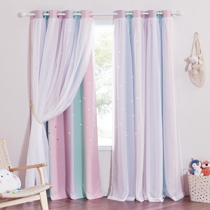 Star Curtains for Girls Bedroom Kids Room Decor Light Blocking Voile Overlay, 2 Panels,52W x 84L - W52 x L84