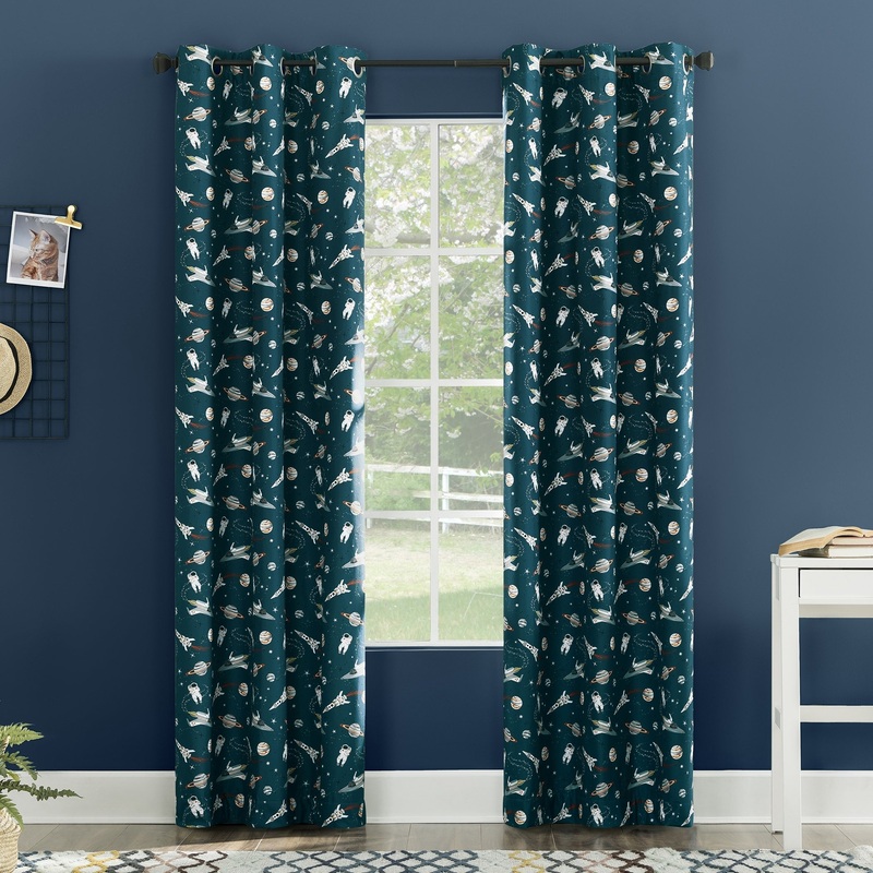 Sun Zero Rockets Outer Space Print Total Blackout Grommet Curtain Panel, Single Panel
