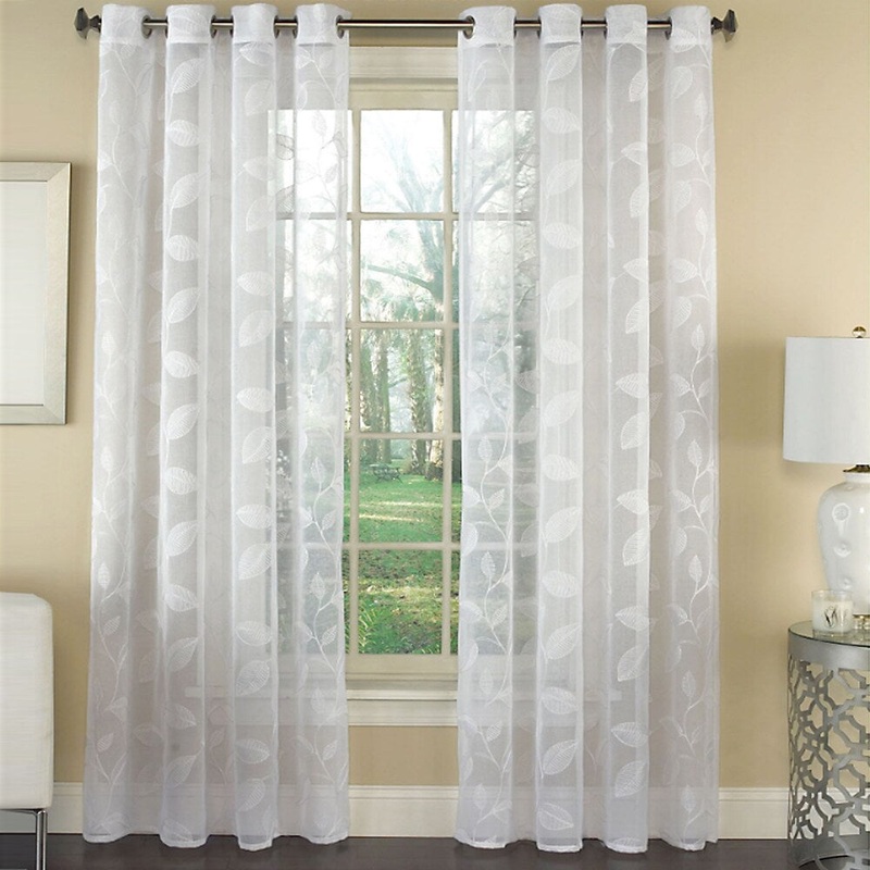Avery Semi-Sheer Embroidered Leaf Faux Linen Grommet Window Curtain Panel - 84x53