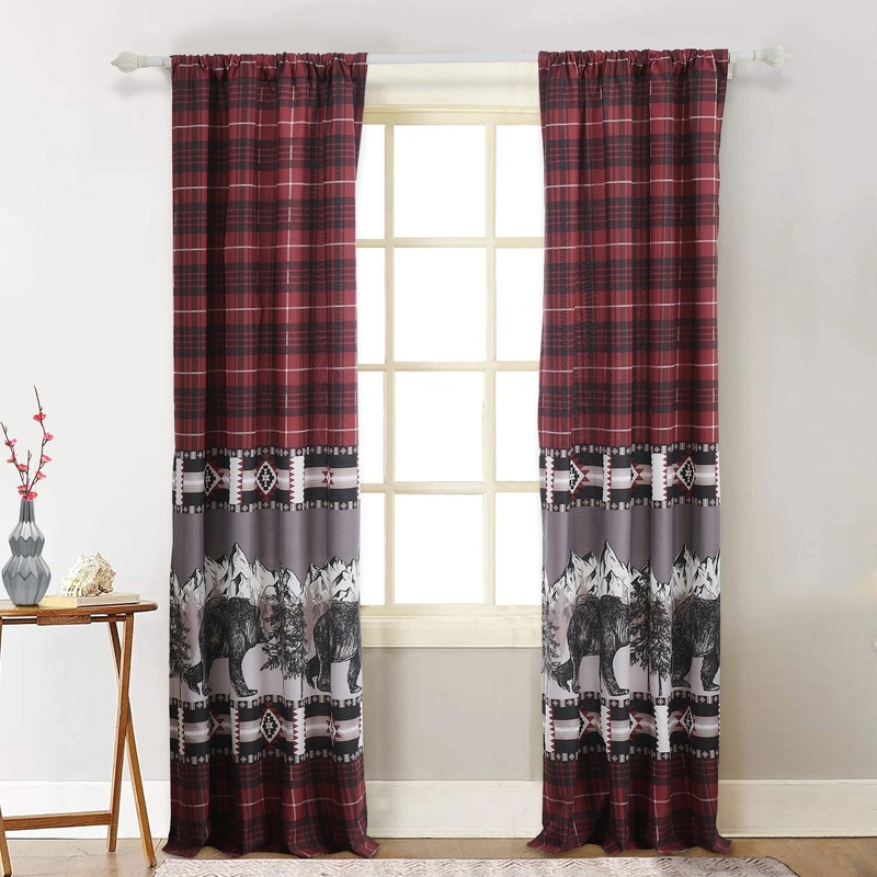 Sofia 84 Inch Bear Two Panel Curtains, Poly Microfiber, Red and Black Plaid