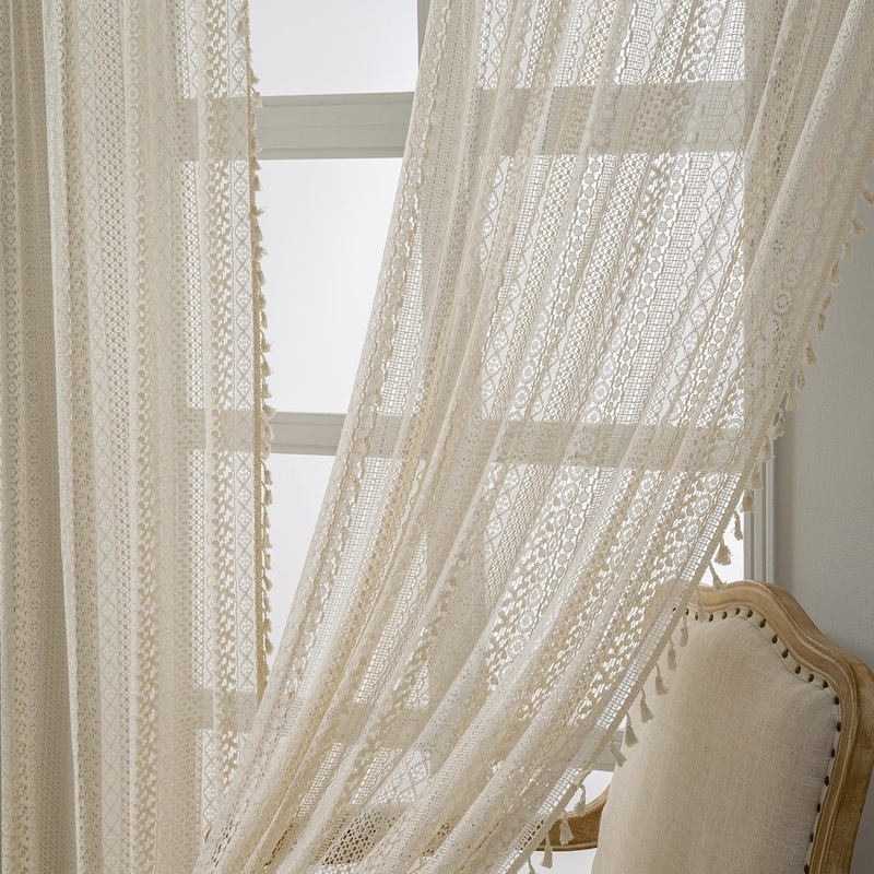 Curtains for Bedroom Cotton Curtains 2 Panels,Rod Pocket Vintage Lace Sheer Curtain Tassel