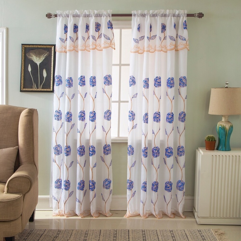 RT Designers Collection Crystal Floral Embroidered 84-inch Rod Pocket Single Curtain Panel - 54 x 84 in. + 18 in.