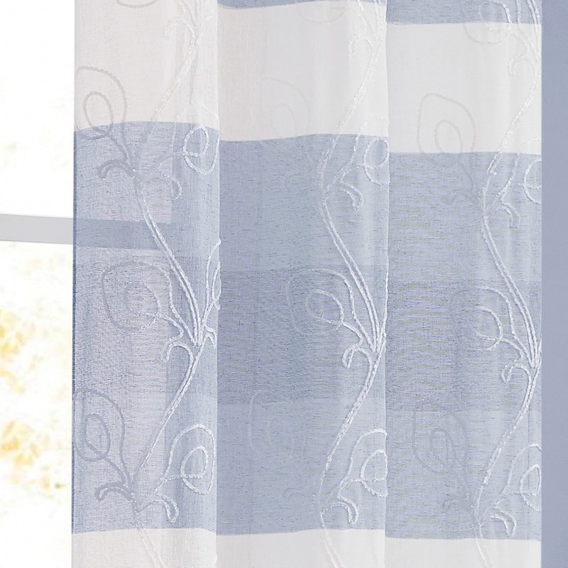 Set of Two 84" Blue Striped Floral Embroidery Window Panels - 84" x 76"