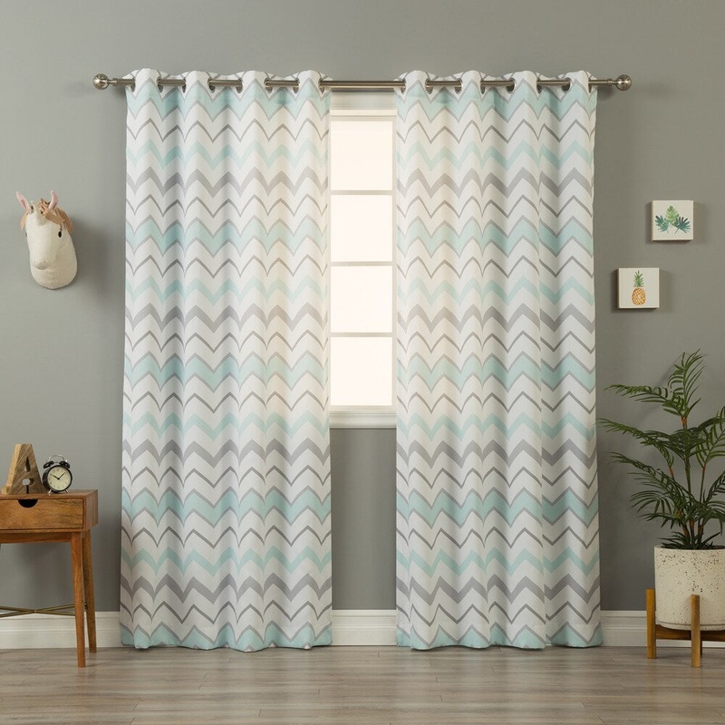 Aurora Home Mint and Grey Wave Chevron Pattern Curtain Panel Pair