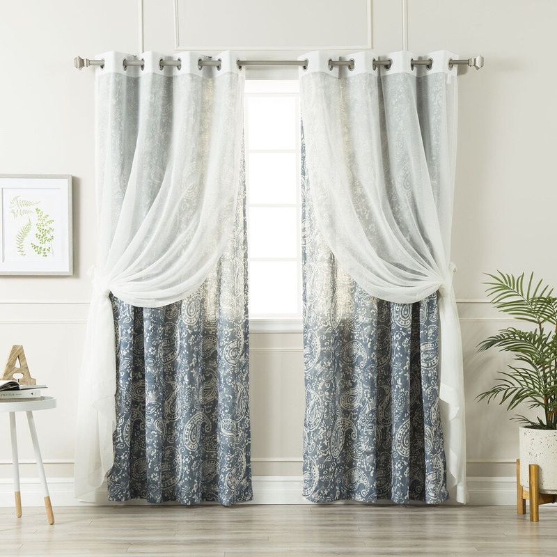 Aurora Home Mix & Match Sheer Linen and Paisley Watercolor 4 Piece Curtain Panel Set - 52 x 84