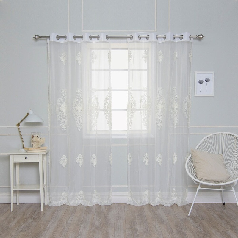 Aurora Home Pearl Embroidered Sheer Curtain Panel Pair - 52"W x 84"L