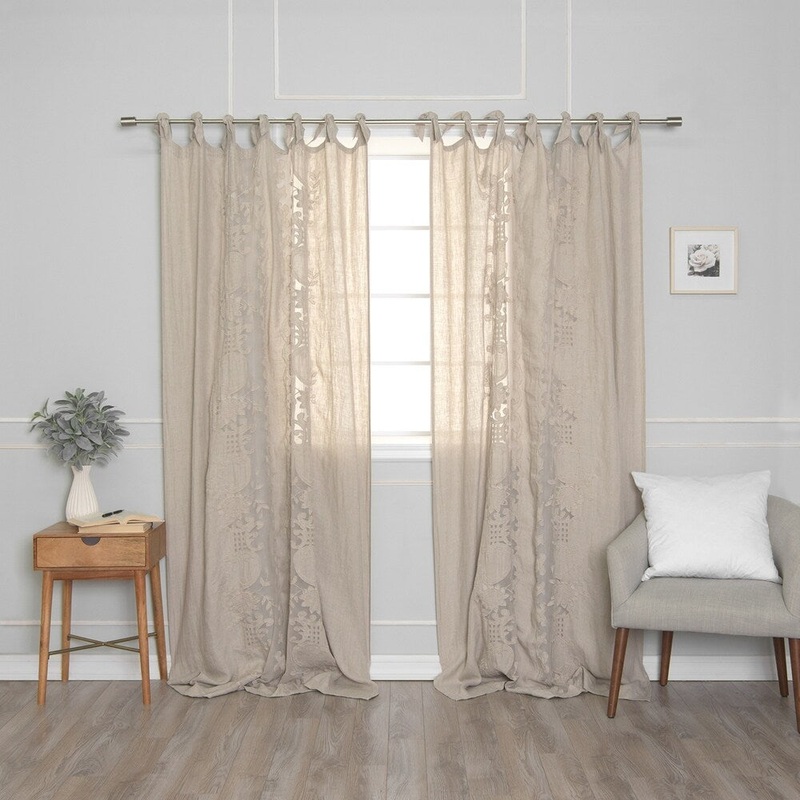 Aurora Home Romantic Tie Top Embroidered Linen Curtains