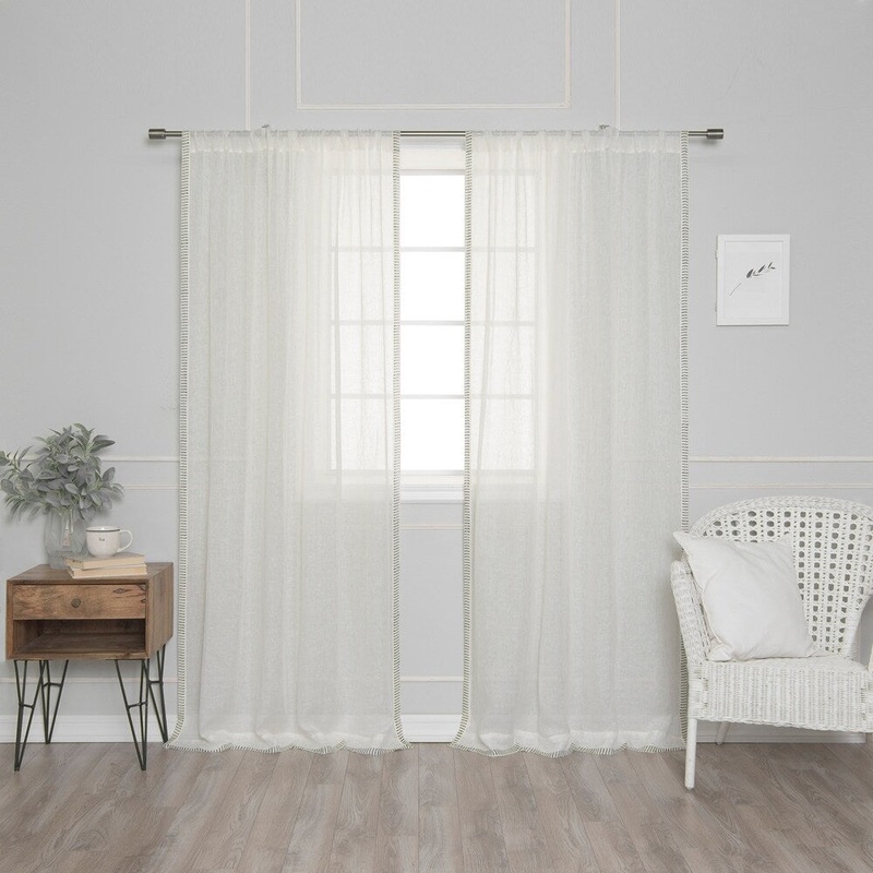 Aurora Home Stripe Border French Linen Voile Single Curtain Panel - 52"W x 84"L