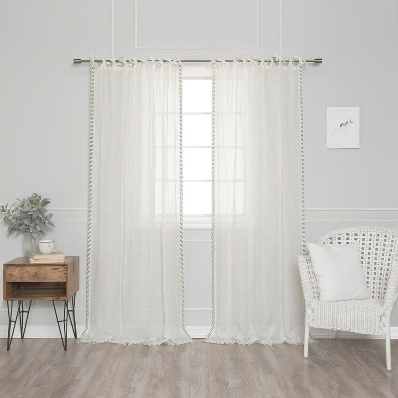 Aurora Home Striped French Linen Voile Tie Top Single Curtain Panel - 52"W x 84"L