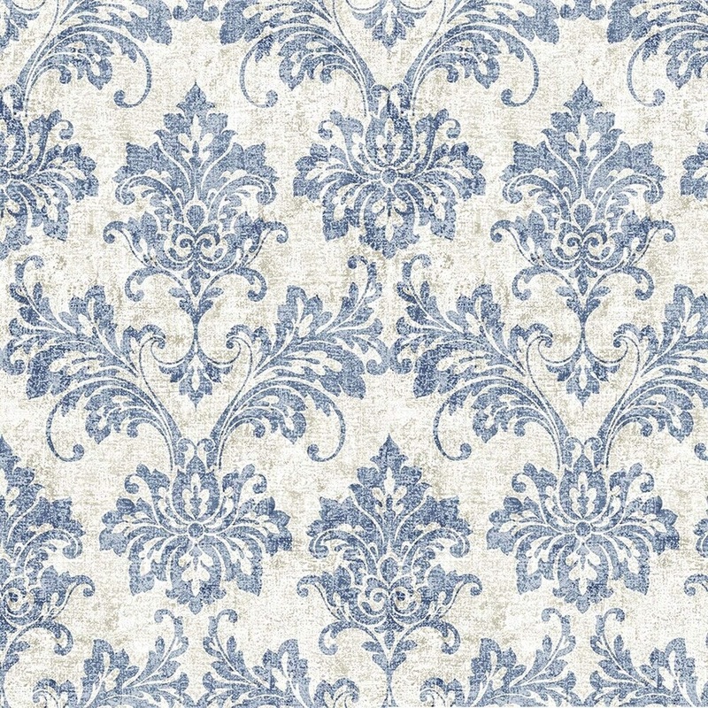 Cara Damask Blue Designer Organic Cotton Set of 2 Drapery Panel