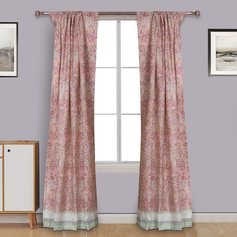 Rua 84 Inch Window Curtains, Ferns Lotuses, Rose Pink Microfiber, Rod Holes