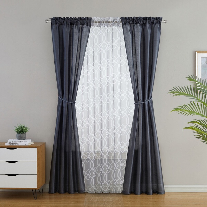 VCNY Home 5-Piece Worthington Grey Faux Silk and Sheer Window Curtain Set - 148" x 84"