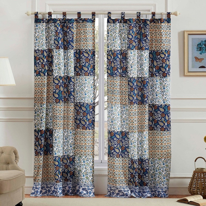 4 Piece Cotton Window Panel Set with Leaf Print, Blue and White